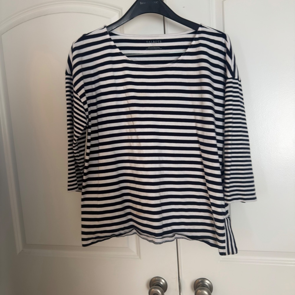 Talbots Petite XL P Navy White Striped 100% Cotton 3/4 Sleeve Boat Neck Tee Top